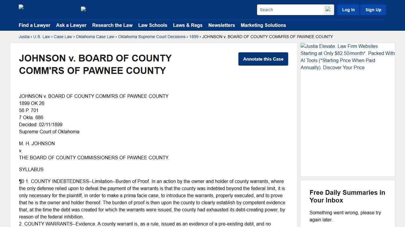JOHNSON v. BOARD OF COUNTY COMM'RS OF PAWNEE COUNTY :: 1899 :: Oklahoma Supreme Court Decisions :: Oklahoma Case Law :: Oklahoma Law :: U.S. Law :: Justia