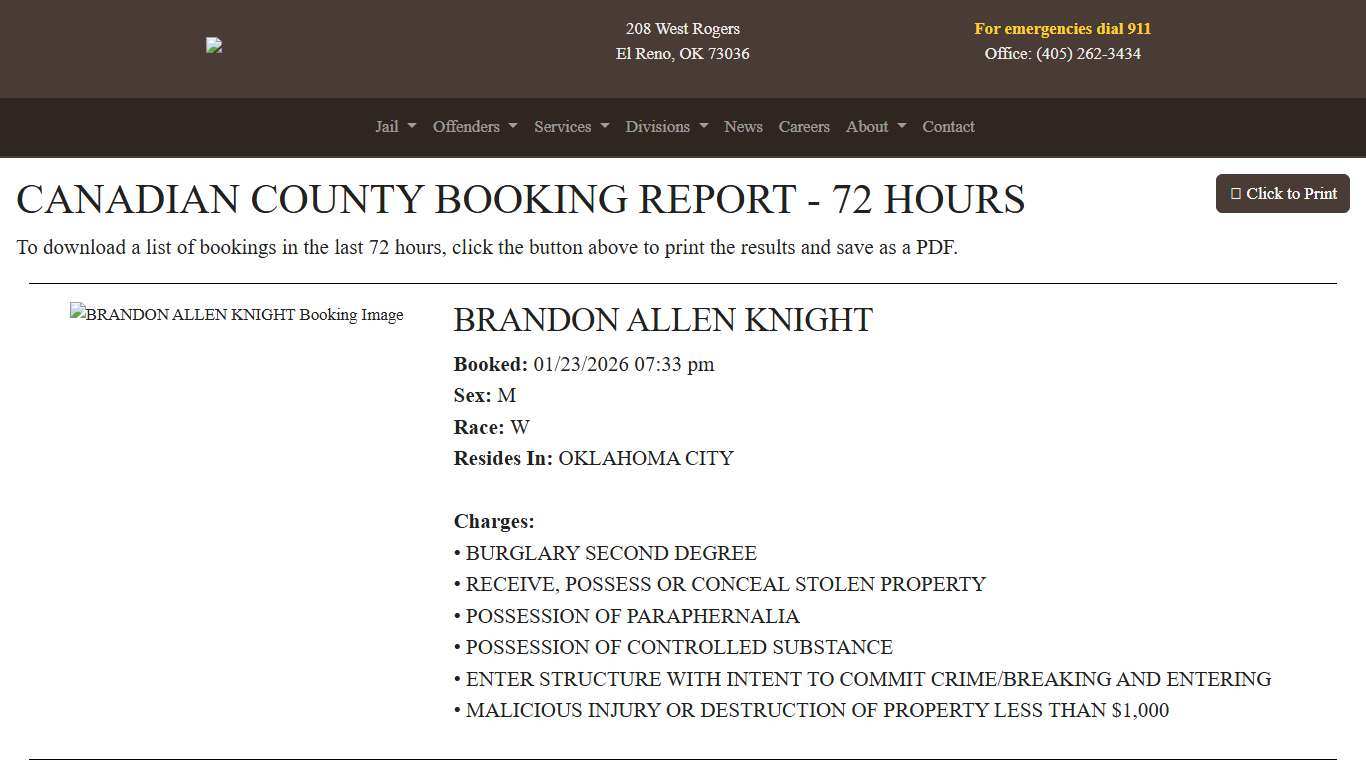 72 Hour Booking Report Canadian County Sheriff's Office