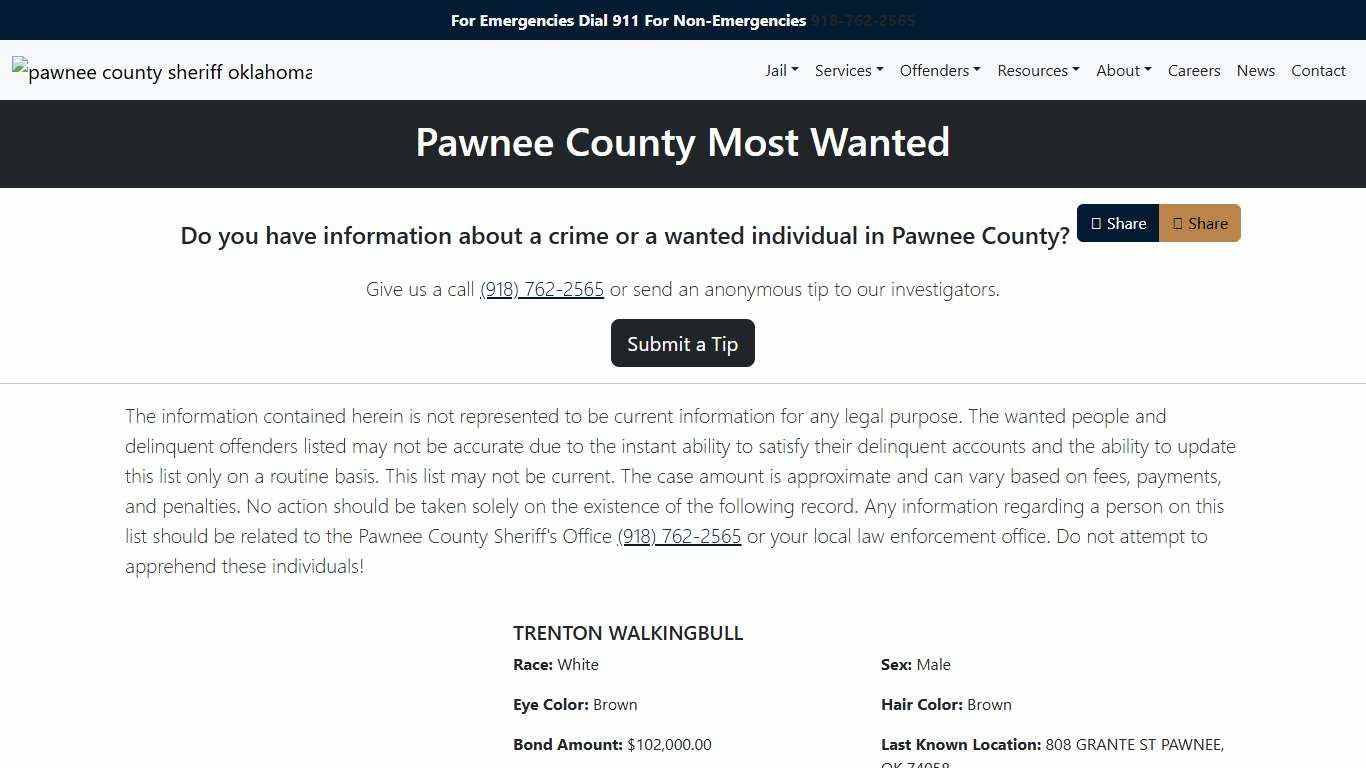 Most Wanted Pawnee County Sheriff's Office
